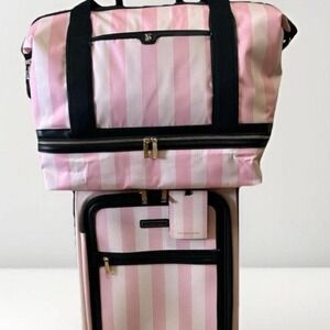 Victoria's Secret Pink and white striped rolling carry-on and weekender bag set